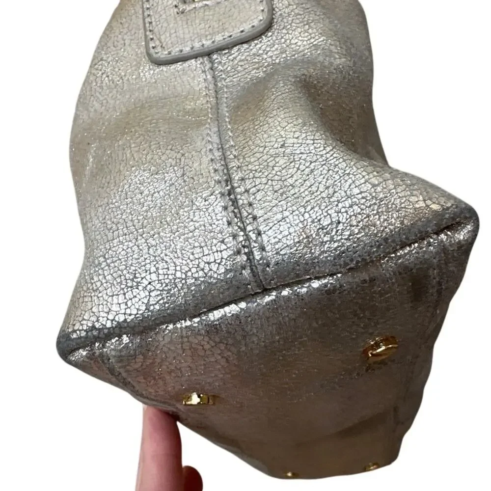 Tory Burch Nico Metallic East West Tote Silver‎ Distressed Leather
